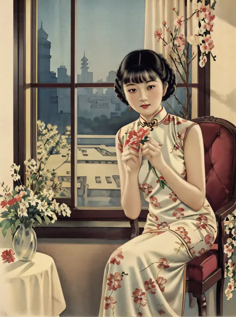 (masterpiece,best quality),retro poster, 1 girl,wearing cheongsam，holding flowers, phonograph, sitting by the window，retro old s...