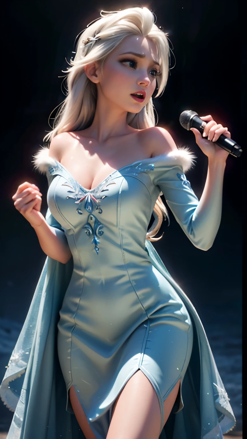 ((Realistic, hyper realisitc，ultra high resolution, ultra detailed, Cinematic Light, Top Quality, 8k, Masterpiece: 1.3)), Photo of Elsa of Arendelle wearing gown made from ice magic, Nice, medium breast, show cleaveage, tall, sexy legs, wide hips, holding a microphone, ((singing contest)), (icy ornaments), Cold vapor, beautifull scenary, the word ARINO MAMA DE inscription detailed.