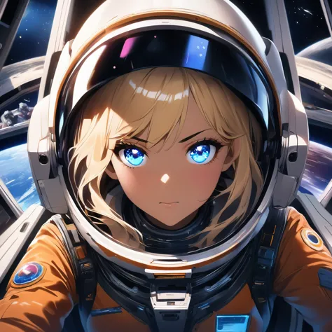 A girl with blonde hair in the cockpit of a spaceship, (best quality,realistic) vibrant colors, (studio lighting:1.1), (ultra-de...