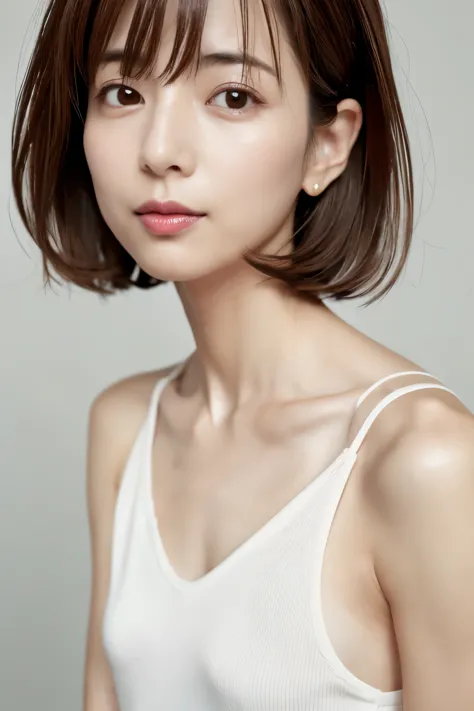 japanese, short stature woman,  physique, short arm, long slit eyes, fleeting atmosphere, 30 year old, brown bob hair, ((thin li...