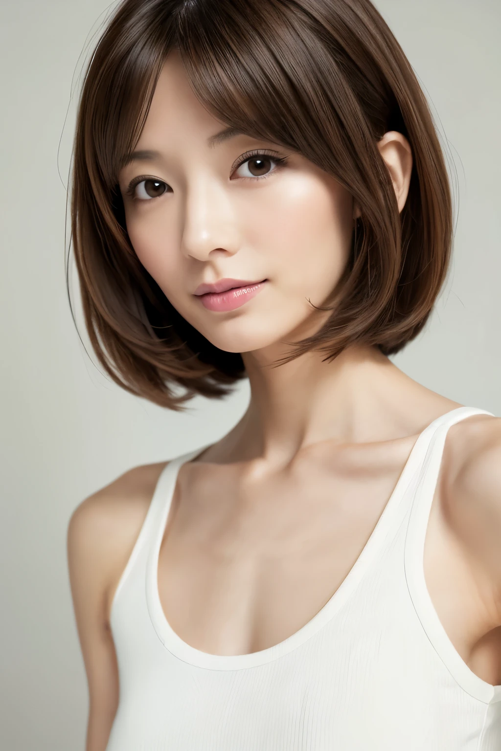 Japanese, short stature woman,  physique, short arm, long slit eyes, fleeting atmosphere, 30 year old, brown bob hair, ((thin lips)), white top and bottom underwear, musterpiece, best quality, detailed skin, detailed face, detailed eyes, 8K, good anatomy, upper body portrait