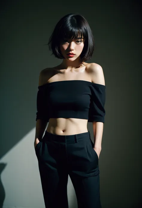 one girl , dirty, off the shoulder, oversized pants sexy bob cut, 
shadow dramatic lighting detailed skin
(praise, analog, film ...