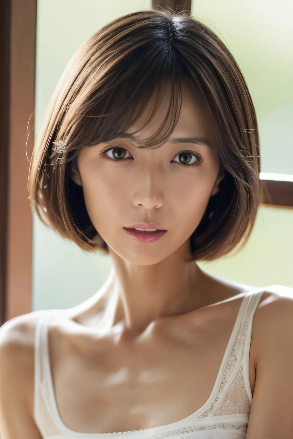 Japanese, short stature woman,  physique, short arm, long slit eyes, fleeting atmosphere, 30 year old, brown bob hair, ((thin lips)), white top and bottom underwear, musterpiece, best quality, detailed skin, detailed face, detailed eyes, 8K, good anatomy, upper body portrait