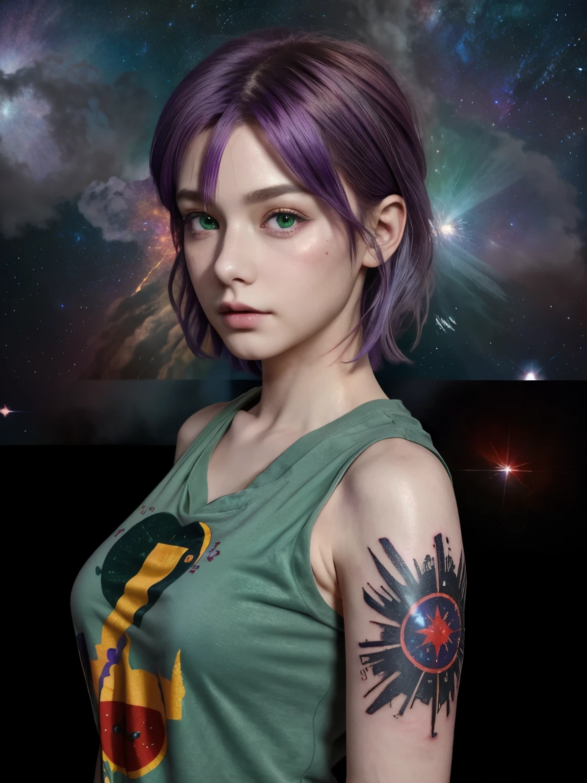 (8k), (highest quality), (Best details)Purple Hair、Green Eyes、Red bean GreyＴshirt、全身Tattoo、Tattoo、Very short hair、Beautiful French woman、supernova explosion、Space、Starburst、Millennium Falcon