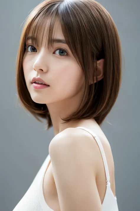 Japanese, short stature woman,  physique, short arm, long slit eyes, fleeting atmosphere, 30 year old, brown bob hair, ((thin li...