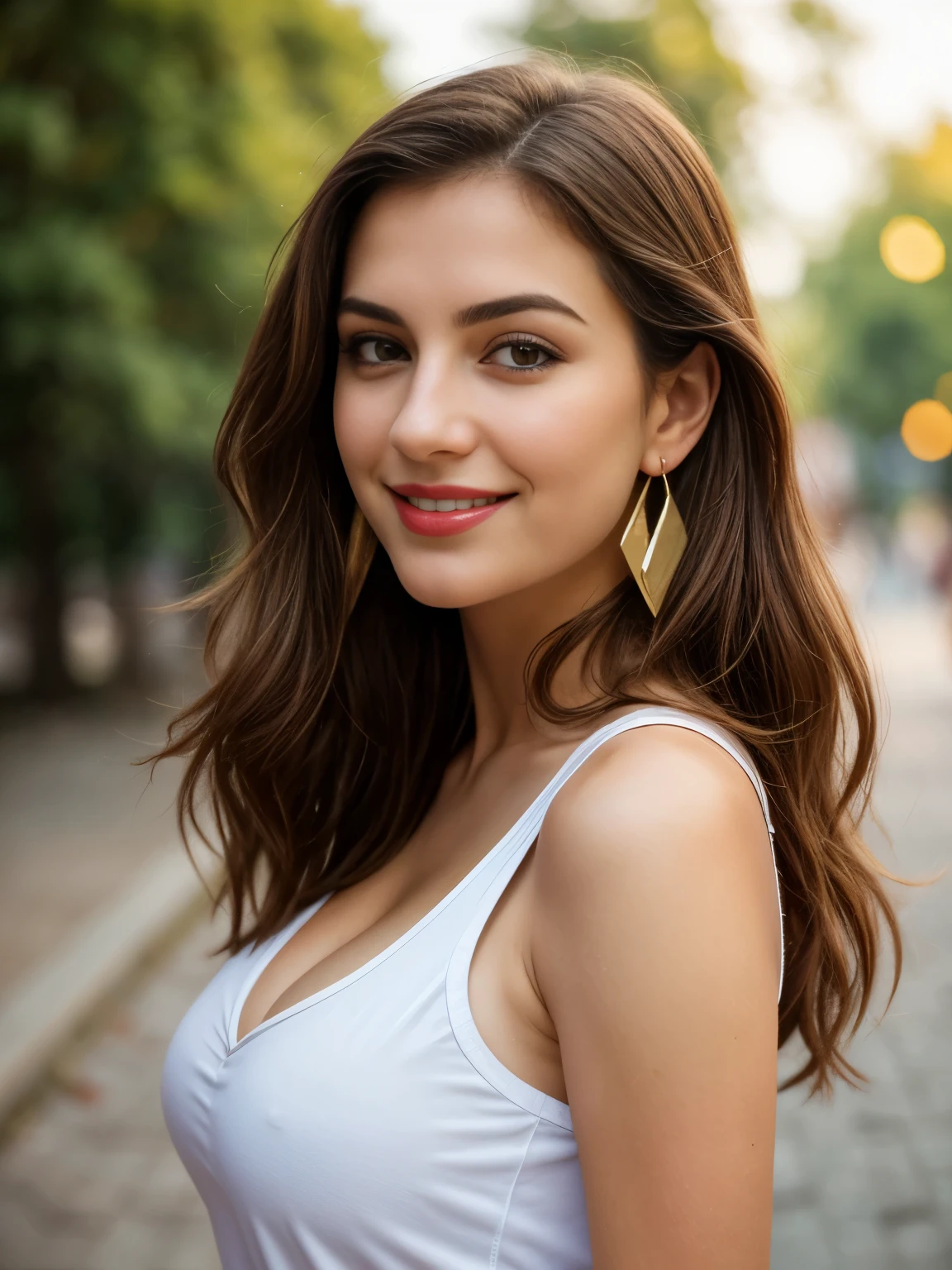 A half body photo of a attractive white turkish woman 20 y.o., cleavage, flashing, (:1.1),
Tshirt, Maven, Tall, Athletic, Triangular Face, Fair Skin, long brown Hair, hazel Eyes, [[Curved Nose]], Thick Lips, Round Chin, Instagram model, cheerful smile, medium sized breasts, Dangle earrings, coral stain lipstick,
Masterpiece, hi res, 8k, award winning, RAW photo, high quality, 35mm photograph, film grain, bokeh, professional, 4k, highly detailed, 