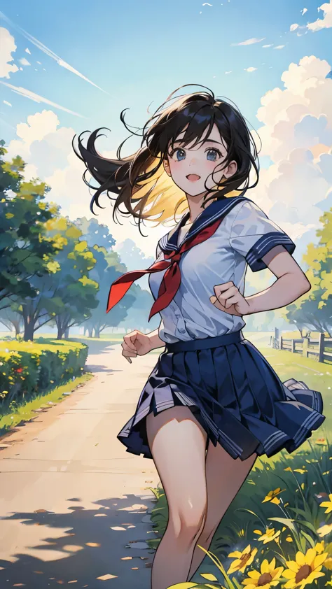 a girl running in the country side, nostalgic, sunny day, sexy, school, ,