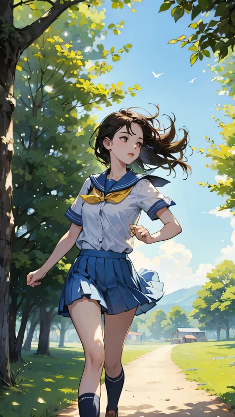 portrait,  girl running in the country side, nostalgic, sunny day, sexy, school, dappled sunlight, i will be late