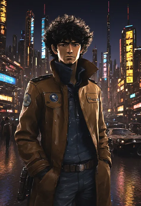 1boy, spike spiegel, cowboy bebop, brown eyes, smile, black hair, cbbebop, cbbebop spaceship, (best quality,4k,8k,highres,master...