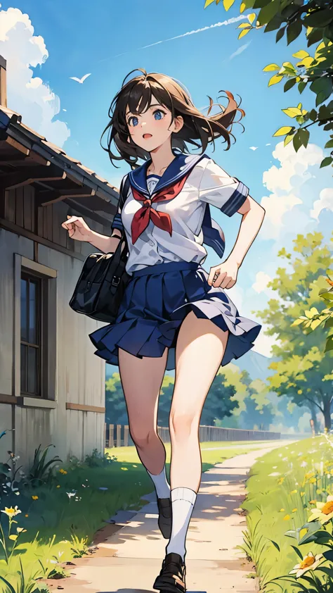 a girl running in the country side, nostalgic, sunny day, sexy, school, , 