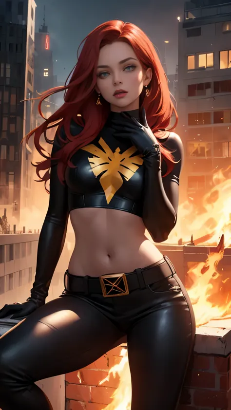 (highly quality, masterpiece, detailed), burning city detailed scenario, burning city detailed background, jean-grey, belt, red ...