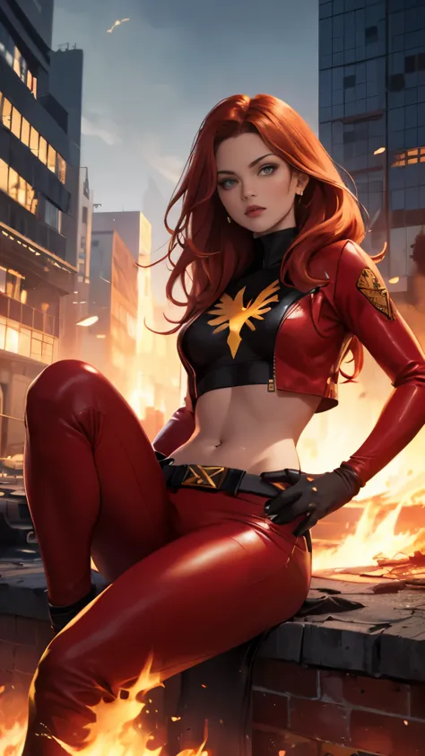 (Highly quality, masterpiece, detailed), burning city detailed scenario, burning city detailed background, jean-grey, belt, red ...