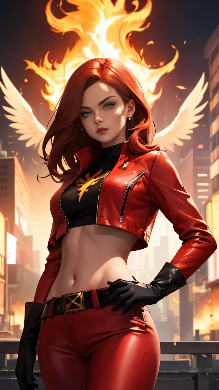 (Highly quality, masterpiece, detailed), burning city detailed scenario, burning city detailed background, jean-grey, belt, red leather crop top jacket, gloves, Phoenix symbol on chest, red leather pants, navel, perfect face, beautiful eyes, looking at the viewer, Sexy pose