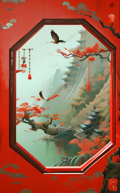 there is a photo of a red wall，there is a tree and a bird on the wall, chinese style景, surreal waizi flowers, beautiful digital ...