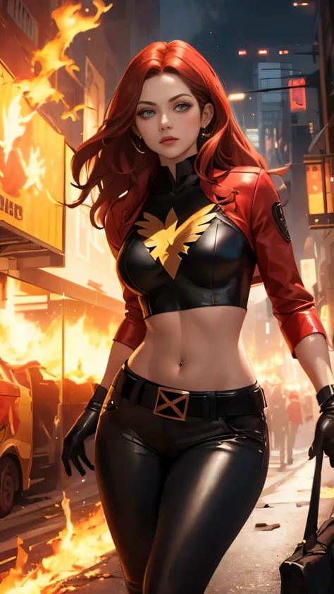 (highly quality, masterpiece, detailed), burning city detailed scenario, burning city detailed background, jean-grey, belt, red ...