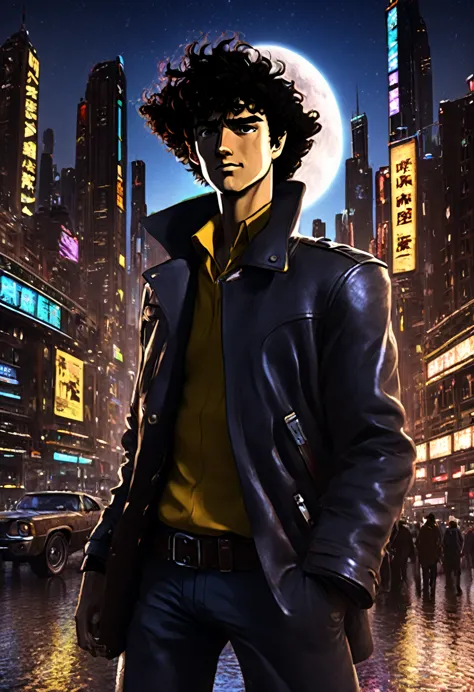 1boy, Spike Spiegel, Cowboy Bebop, brown eyes, smile, black hair, cbbebop, cbbebop spaceship, (best quality,4k,8k,highres,master...