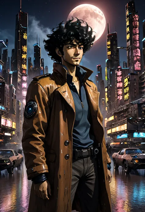 1boy, Spike Spiegel, Cowboy Bebop, brown eyes, smile, black hair, cbbebop, cbbebop spaceship, (best quality,4k,8k,highres,master...