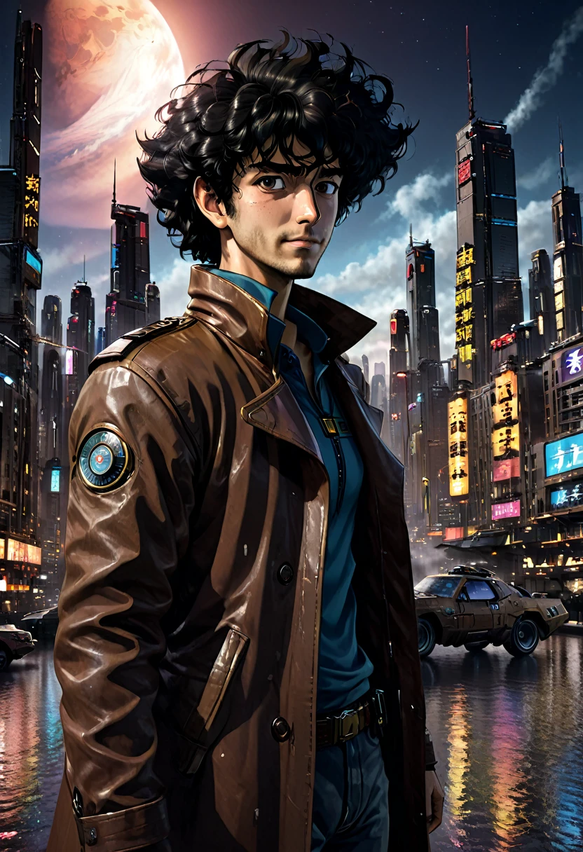 1boy, Spike Spiegel, Cowboy Bebop, brown eyes, smile, black hair, cbbebop, cbbebop spaceship, (best quality,4k,8k,highres,masterpiece:1.2),ultra-detailed,(realistic,photorealistic,photo-realistic:1.37),worn-out,post-apocalyptic,gritty,dark-colored,retro,sci-fi,cyberpunk,anime,neon lights,deserted city,chrome,synthetic materials,weathered leather,sleek spaceships,explosions,looming skyscrapers,vivid colors,futuristic technology,dystopian landscape,moonlit sky,cigarette smoke,detectives in long coats,mystery-filled,elegant jazz music,loneliness and nihilism,pastel colors and sunsets,blurred backgrounds,hard-boiled antiheroes,gritty gunfights,interstellar bounty hunters,dramatic city skylines,stylized visuals of city life,edgy graffiti,expressive facial expressions,action-packed chase scenes,cool and confident characters,retro-futuristic architecture,cinematic camera angles,provocative and thought-provoking compositions