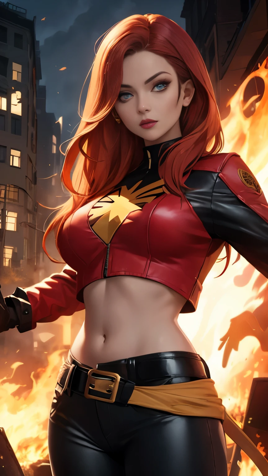 (Highly quality, masterpiece, detailed), burning city detailed scenario, burning city detailed background, jean-grey, belt, red leather crop top jacket, gloves, Phoenix symbol on chest, red leather pants, navel, perfect face, beautiful eyes, looking at the viewer, Sexy pose