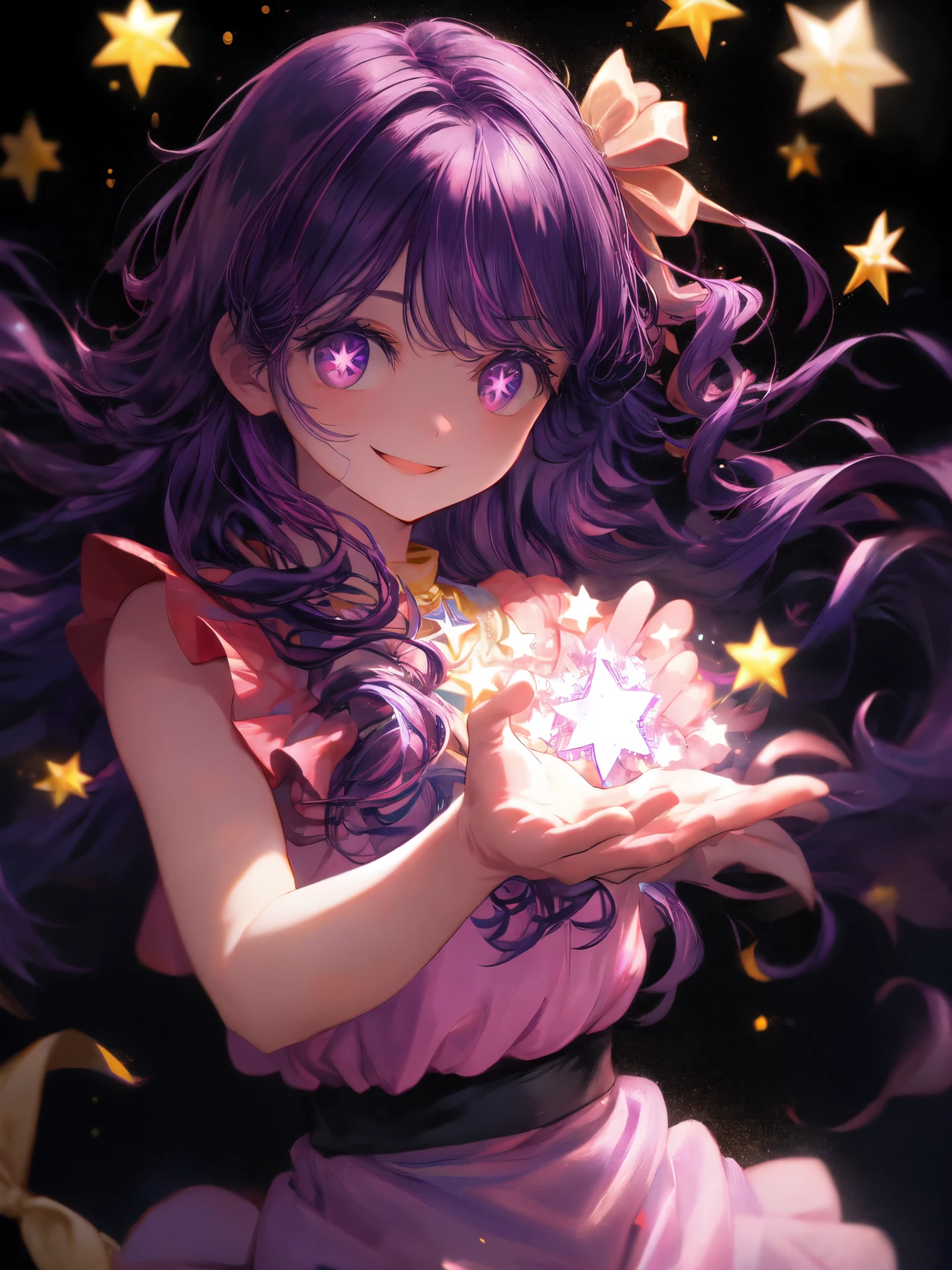 Hosono Ai, Gloves, Long hair, Star (symbol), Watch the viewers, (purple hair: 1.2), Purple Eyes, Upper Body, Hair accessories, Ruffles, pink shirt, Smile, sleeveless, shirt, Idol, symbol shaped pupil, hands up, Bangs, one side up, Star-shaped pupils, raise arms, pulling clothes, roaring twenties, Isometric, from above, whole body, Rembrandt, illustration, detail, Depth of Field, Looking at the audience, Peace Sign, Raise your hand, best quality, high resolution.