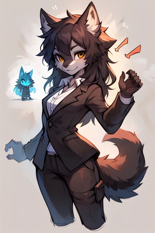 post on e621，（by_iskra：0.4），（From Krokobyaka：0.5）,（author：foxovh：0.5),（By Hioshiru：0.5）,(individual:1.4)，（The protagonist is a wolf girl：1.2）,Black fur，（（Very beautiful furry art））,Stunning details，Standing picture，Action reference diagram,（full-body shot），Long back hair，（narrow eyes：1.2），Golden Eyes，Suit，Medium breast，（cold expression：1.2）