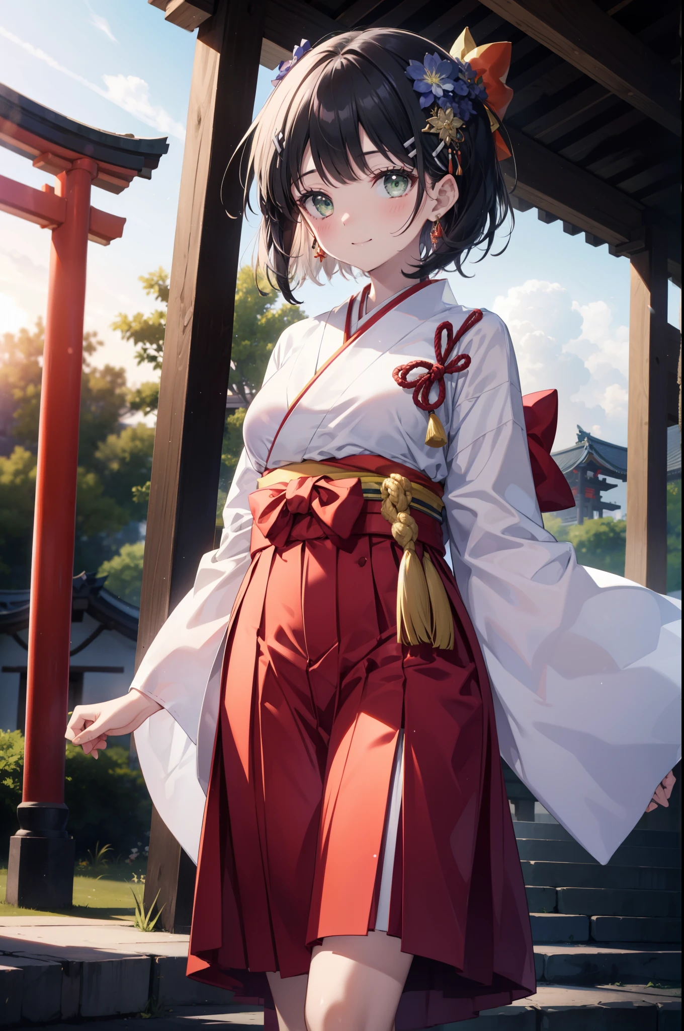 Suguhakirigaya, Suguhakirigaya, (Green Eyes:1.2), hair ornaments, Hair Clip, short hair,blush,smile, Black Hair,Platycodon grandiflorum,Miko, White Kimono, Large sleeves,red hakama,kimono, white foot bag,Zori sandals,As with the skirt, Wide sleeves, Long sleeve, Ribbon-trimmed sleeves, evening,sunset,The sun is setting on the horizon,
break looking at viewer, (Cowboy Shot:1. 5)
break indoors,shrine,torii,coastal,
break (masterpiece:1.2), highest quality, High resolution, unity 8k wallpaper, (figure:0.8), (Beautiful fine details:1.6), Highly detailed face, Perfect lighting, Highly detailed CG, (Perfect hands, Perfect Anatomy),