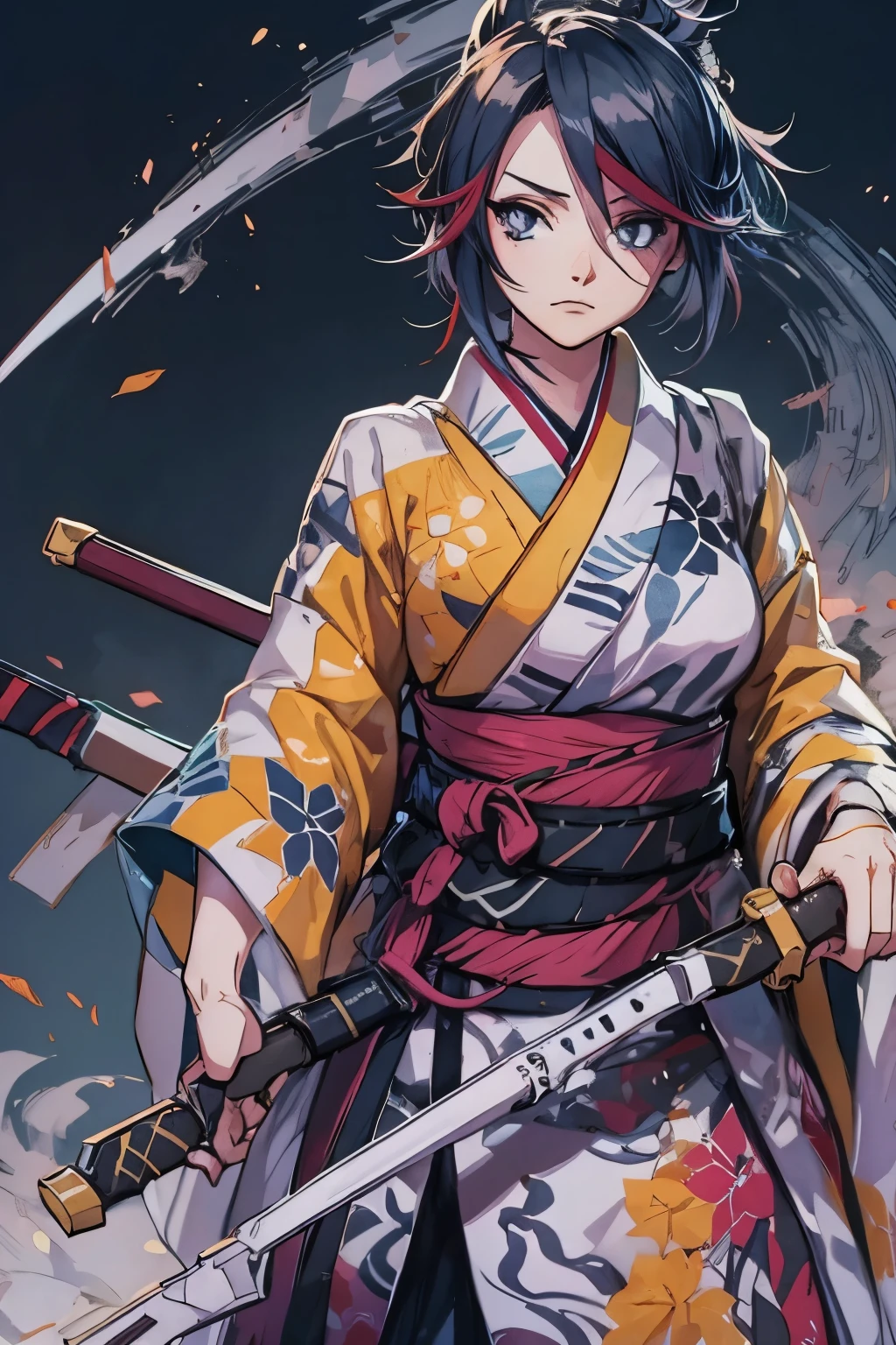 eine Zeichnung einer Frau in einem schwarzen Outfit, die ein Schwert hält, Inspiriert von Kusumi Morikage, inspiriert von Kanō Hōgai, inspiriert von Kano Sanraku, inspiriert von Kawabata Ryūshi, weibliche Samurai, Japanischer Anime-Stil, Charakter im Anime-Stil