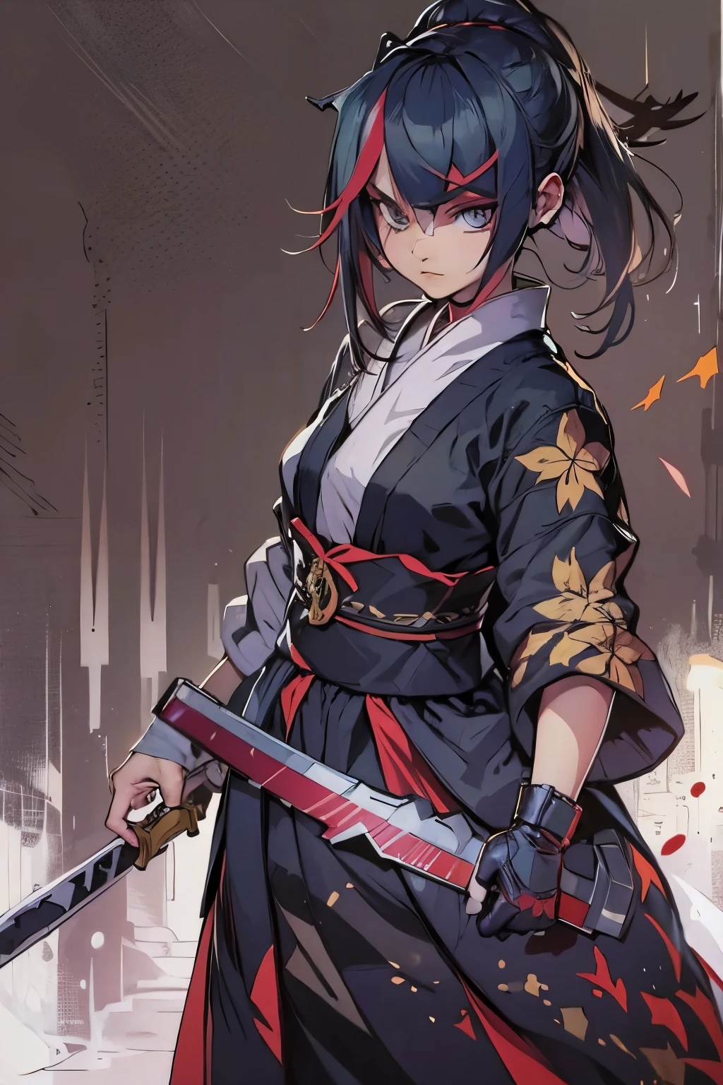 um desenho de uma mulher com uma roupa preta segurando uma espada, inspirado em Kusumi Morikage, inspirado em Kanō Hōgai, inspirado em Kano Sanraku, inspirado em Kawabata Ryūshi, samurai feminino, Estilo de anime japonês, personagem de estilo anime