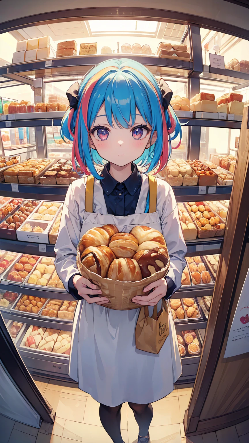 (masterpiece, best quality), (colorful:1.4), from above, solo, 1girl standing in a bakery with lots of pastries on the display shelves and a bag of goodies, depth of field, fisheye lens