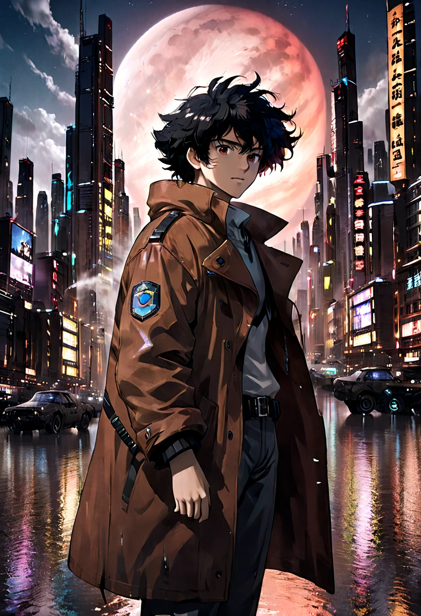 1boy, Spike Spiegel, Cowboy Bebop, brown eyes, smile, black hair, cbbebop, cbbebop spaceship, (best quality,4k,8k,highres,masterpiece:1.2),ultra-detailed,(realistic,photorealistic,photo-realistic:1.37),worn-out,post-apocalyptic,gritty,dark-colored,retro,sci-fi,cyberpunk,anime,neon lights,deserted city,chrome,synthetic materials,weathered leather,sleek spaceships,explosions,looming skyscrapers,vivid colors,futuristic technology,dystopian landscape,moonlit sky,cigarette smoke,detectives in long coats,mystery-filled,elegant jazz music,loneliness and nihilism,pastel colors and sunsets,blurred backgrounds,hard-boiled antiheroes,gritty gunfights,interstellar bounty hunters,dramatic city skylines,stylized visuals of city life,edgy graffiti,expressive facial expressions,action-packed chase scenes,cool and confident characters,retro-futuristic architecture,cinematic camera angles,provocative and thought-provoking compositions
