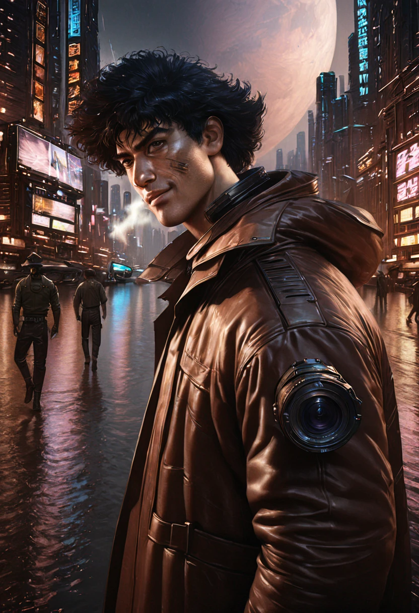 1boy, Spike Spiegel, Cowboy Bebop, brown eyes, smile, black hair, cbbebop, cbbebop spaceship, (best quality,4k,8k,highres,masterpiece:1.2),ultra-detailed,(realistic,photorealistic,photo-realistic:1.37),worn-out,post-apocalyptic,gritty,dark-colored,retro,sci-fi,cyberpunk,anime,neon lights,deserted city,chrome,synthetic materials,weathered leather,sleek spaceships,explosions,looming skyscrapers,vivid colors,futuristic technology,dystopian landscape,moonlit sky,cigarette smoke,detectives in long coats,mystery-filled,elegant jazz music,loneliness and nihilism,pastel colors and sunsets,blurred backgrounds,hard-boiled antiheroes,gritty gunfights,interstellar bounty hunters,dramatic city skylines,stylized visuals of city life,edgy graffiti,expressive facial expressions,action-packed chase scenes,cool and confident characters,retro-futuristic architecture,cinematic camera angles,provocative and thought-provoking compositions