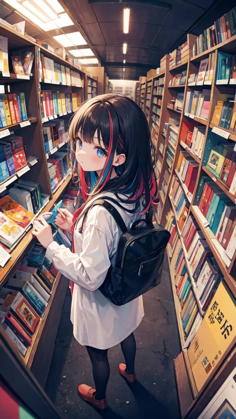 (masterpiece, best quality), (colorful:1.4), from above, solo, 1girl standing in a bookstore with lots of books on the shelves a...