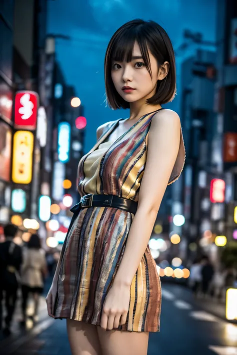 (((Tokyo:1.3, Night view, Photographed from the front))), ((Medium Bob:1.4, great style:1.3, Thin legs:1.2, colorful dress, Japa...