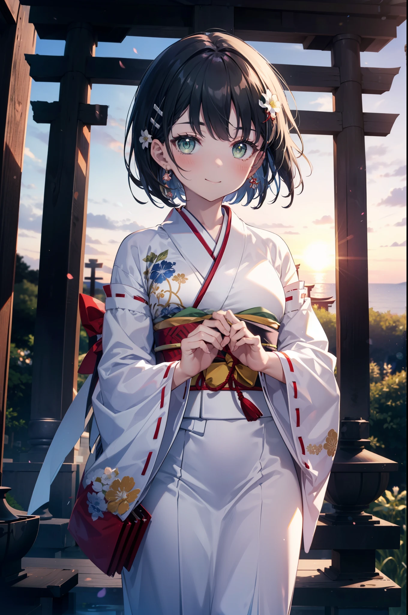 Suguhakirigaya, Suguhakirigaya, (Green Eyes:1.2), hair ornaments, Hair Clip, short hair,blush,smile, Black Hair,Platycodon grandiflorum,Miko, White Kimono, Large sleeves,red hakama,kimono, white foot bag,Zori sandals, Wide sleeves, Long sleeve, Ribbon-trimmed sleeves, evening,sunset,The sun is setting on the horizon,
break looking at viewer, (Cowboy Shot:1. 5)
break indoors,shrine,torii,coastal,
break (masterpiece:1.2), highest quality, High resolution, unity 8k wallpaper, (figure:0.8), (Beautiful fine details:1.6), Highly detailed face, Perfect lighting, Highly detailed CG, (Perfect hands, Perfect Anatomy),