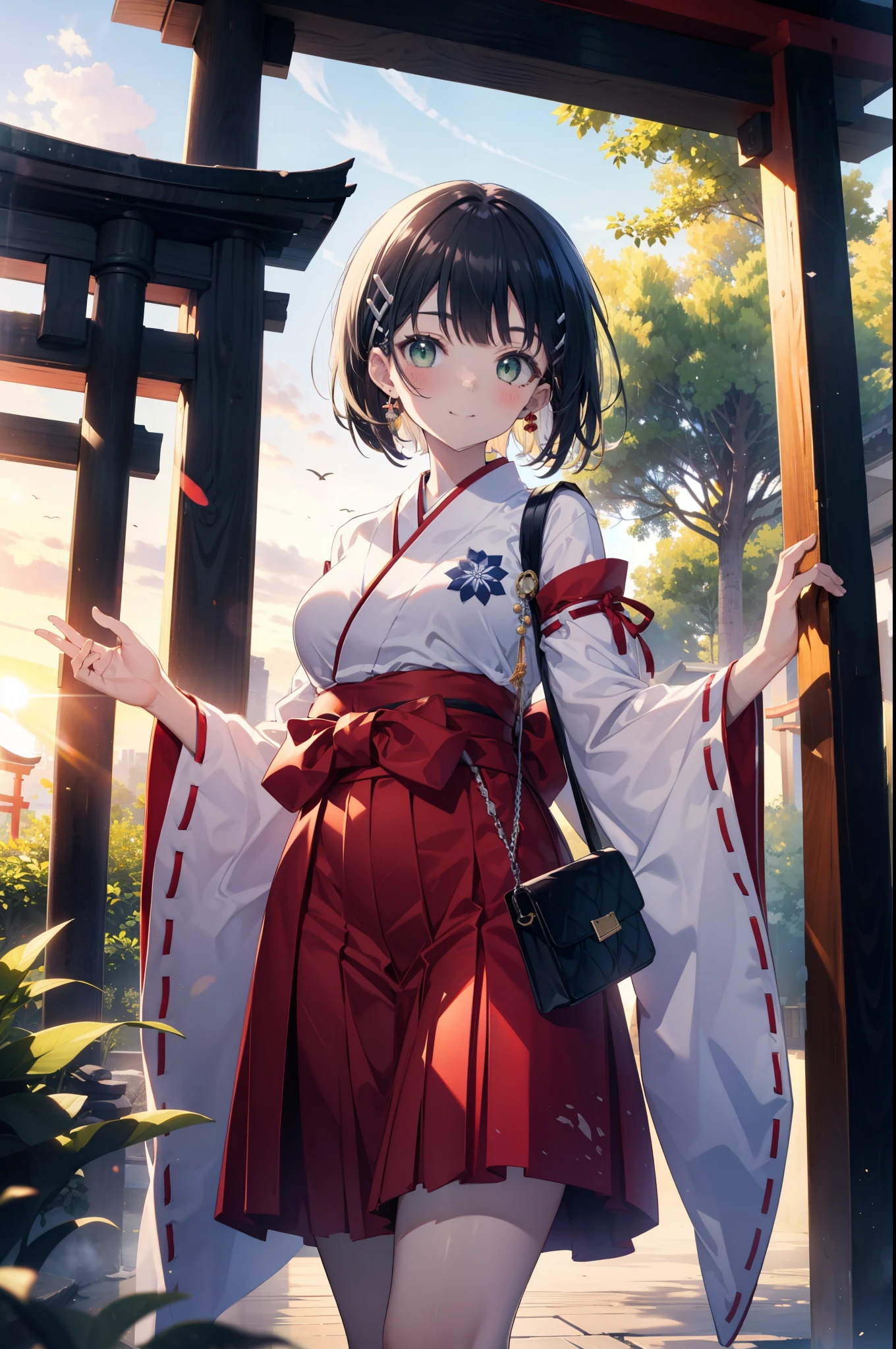 Suguhakirigaya, Suguhakirigaya, (Green Eyes:1.2), hair ornaments, Hair Clip, short hair,blush,smile, Black Hair,Platycodon grandiflorum,Miko, White Kimono, Large sleeves,red hakama,kimono, white foot bag,Zori sandals, Wide sleeves, Long sleeve, Ribbon-trimmed sleeves, evening,sunset,The sun is setting on the horizon,
break looking at viewer, (Cowboy Shot:1. 5)
break indoors,shrine,torii,coastal,
break (masterpiece:1.2), highest quality, High resolution, unity 8k wallpaper, (figure:0.8), (Beautiful fine details:1.6), Highly detailed face, Perfect lighting, Highly detailed CG, (Perfect hands, Perfect Anatomy),