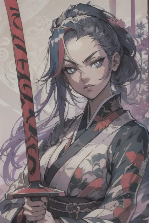 um desenho de uma mulher com uma roupa preta segurando uma espada, mulher loira com cabelos ultra longos e detalhados, loira, ro...