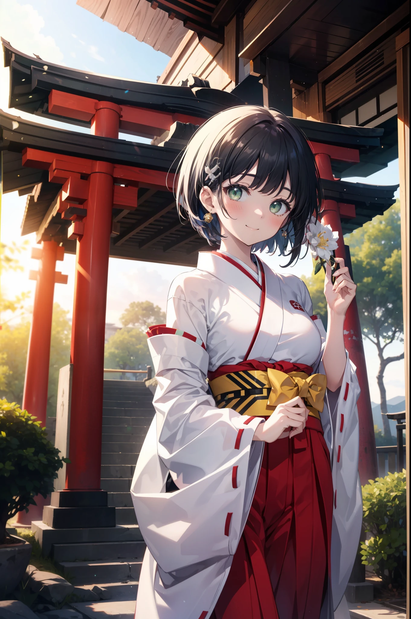 Suguhakirigaya, Suguhakirigaya, (Green Eyes:1.2), hair ornaments, Hair Clip, short hair,blush,smile, Black Hair,Platycodon grandiflorum,Miko, White Kimono, Large sleeves,red hakama,kimono, white foot bag,Zori sandals, Wide sleeves, Long sleeve, Ribbon-trimmed sleeves, evening,sunset,The sun is setting on the horizon,
break looking at viewer, (Cowboy Shot:1. 5)
break indoors,shrine,torii,coastal,
break (masterpiece:1.2), highest quality, High resolution, unity 8k wallpaper, (figure:0.8), (Beautiful fine details:1.6), Highly detailed face, Perfect lighting, Highly detailed CG, (Perfect hands, Perfect Anatomy),