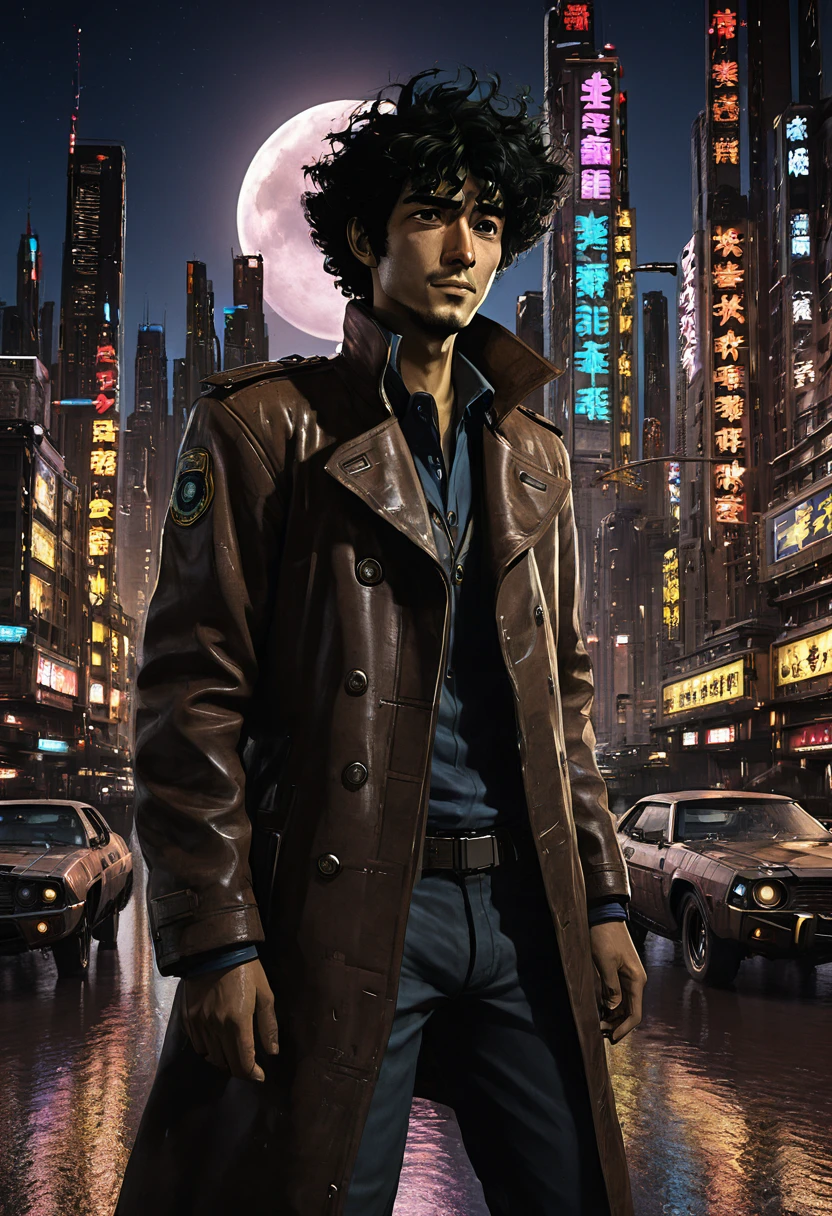 1boy, Spike Spiegel, Cowboy Bebop, brown eyes, smile, black hair, cbbebop, cbbebop spaceship, (best quality,4k,8k,highres,masterpiece:1.2),ultra-detailed,(realistic,photorealistic,photo-realistic:1.37),worn-out,post-apocalyptic,gritty,dark-colored,retro,sci-fi,cyberpunk,anime,neon lights,deserted city,chrome,synthetic materials,weathered leather,sleek spaceships,explosions,looming skyscrapers,vivid colors,futuristic technology,dystopian landscape,moonlit sky,cigarette smoke,detectives in long coats,mystery-filled,elegant jazz music,loneliness and nihilism,pastel colors and sunsets,blurred backgrounds,hard-boiled antiheroes,gritty gunfights,interstellar bounty hunters,dramatic city skylines,stylized visuals of city life,edgy graffiti,expressive facial expressions,action-packed chase scenes,cool and confident characters,retro-futuristic architecture,cinematic camera angles,provocative and thought-provoking compositions
