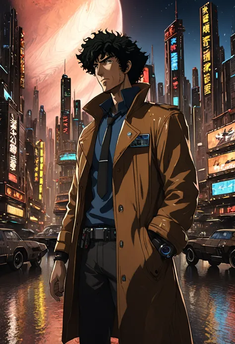 1boy, spike spiegel, cowboy bebop, brown eyes, smile, black hair, cbbebop, cbbebop spaceship, (best quality,4k,8k,highres,master...