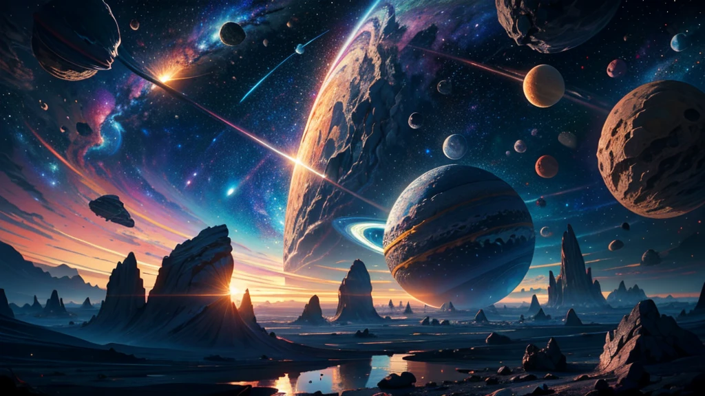 (masterpiece), best quality, a strange planet with a asteroids tape, terrestrial planet,asteroids tape, asteroids, cosmic mick, kosmok, Deep space, Star, rich and colorful, lifelike, 4k, extremely good, complex, detailed, suffocating, galaxy, solar system, epic, huge, photorealistic, 8K