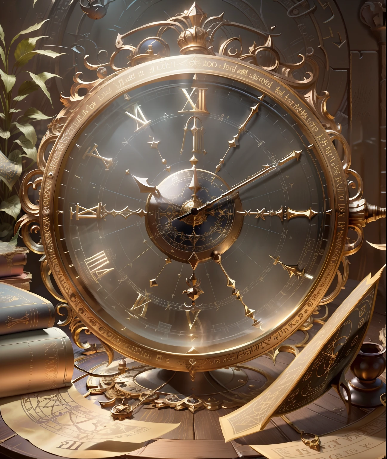 There is a clock and some books on the table, alchemist library background, Astrolabe, Stunning mystery background, 8K HD wallpaper JPEG artifact, 8K HD wallpaper JPEG artifact, Infinite Space Clock Background, Detailed key animation art, ball of time, Official artwork with high detail, Detailed game art, Detailed game art illustration，diablo concept art