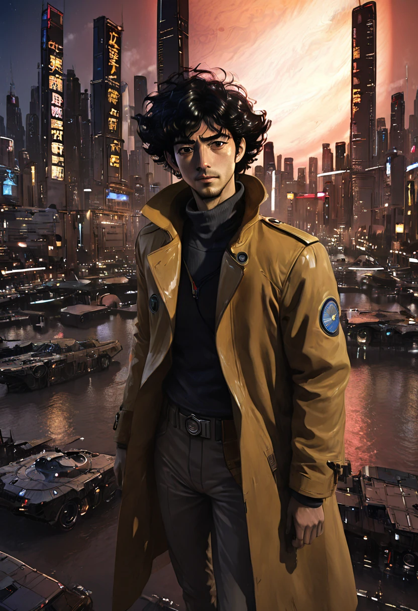 1 chico, Spike Spiegel, vaquero bebop, Ojos cafés, sonrisa, pelo negro, cbbebop, nave espacial cbbebop, (mejor calidad,4k,8k,alta resolución,Obra maestra:1.2),ultra detallado,(Realista,photoRealista,photo-Realista:1.37),desgastado,Post apocalíptico,arenoso,de color oscuro,retro,Ciencia ficción,ciberpunk,animado,luces de neón,ciudad desierta,chrome,Materiales sintéticos,cuero desgastado,Elegantes naves espaciales,explosiones,Rascacielos que se avecinan,colores vívidos,tecnología futurista,Paisaje distópico,cielo iluminado por la luna,humo de cigarro,detectives con abrigos largos,lleno de misterio,elegant jazz music,soledad y nihilismo,colores pastel y atardeceres,fondos borrosos,antihéroes duros,arenoso gunfights,cazarrecompensas interestelares,dramáticos horizontes de la ciudad,Imágenes estilizadas de la vida de la ciudad.,graffiti nervioso,expresiones faciales expresivas,escenas de persecución llenas de acción,personajes geniales y seguros,Arquitectura retro-futurista,ángulos de cámara cinematográfica,Composiciones provocativas y que invitan a la reflexión.