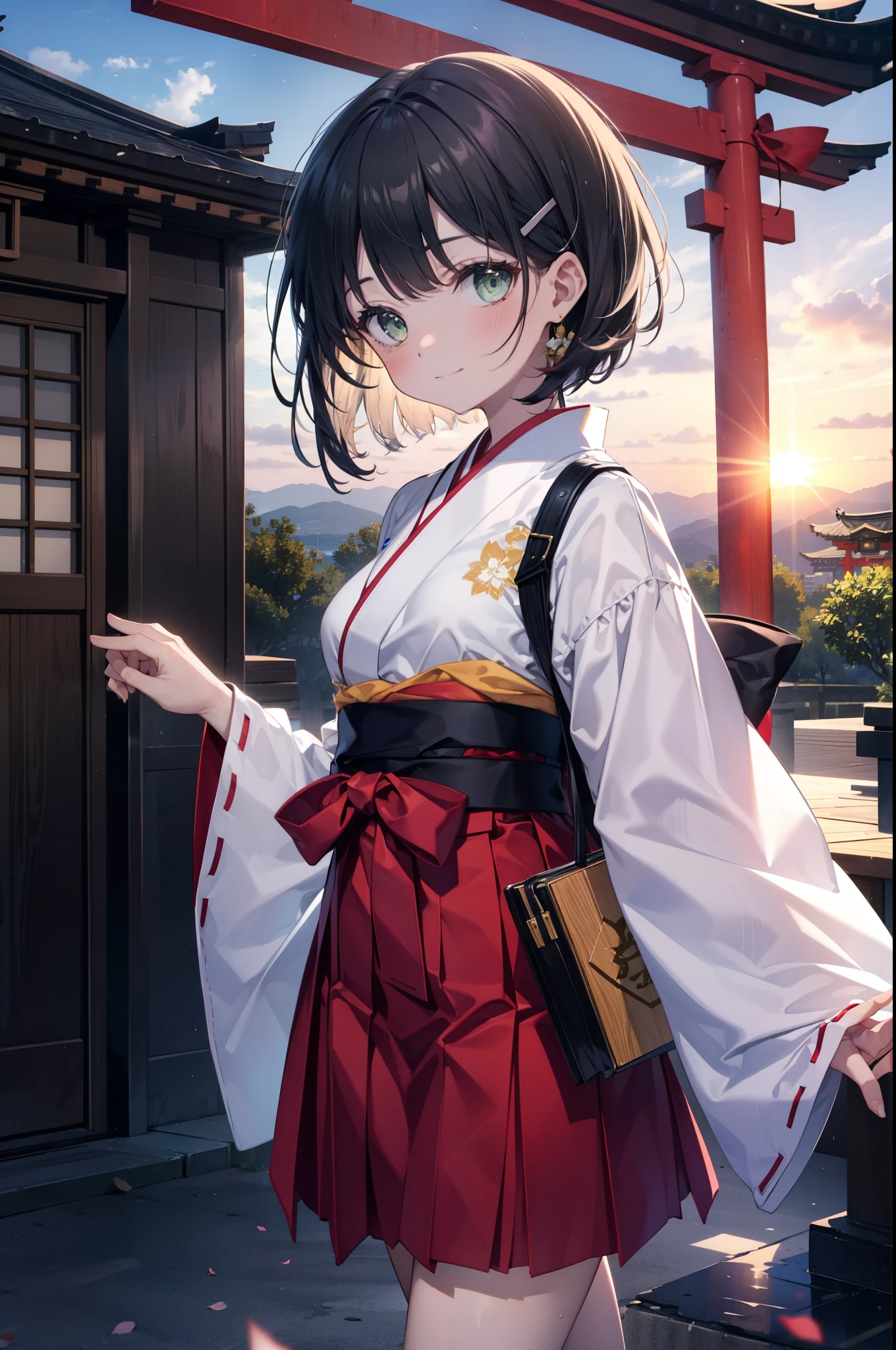 Suguhakirigaya, Suguhakirigaya, (Green Eyes:1.2), hair ornaments, Hair Clip, short hair,blush,smile, Black Hair,Platycodon grandiflorum,Miko, White Kimono, Large sleeves,red hakama,kimono, white foot bag,Zori sandals, Wide sleeves, Long sleeve, Ribbon-trimmed sleeves, evening,sunset,The sun is setting on the horizon,
break looking at viewer, (Cowboy Shot:1. 5)
break indoors,shrine,torii,coastal,
break (masterpiece:1.2), highest quality, High resolution, unity 8k wallpaper, (figure:0.8), (Beautiful fine details:1.6), Highly detailed face, Perfect lighting, Highly detailed CG, (Perfect hands, Perfect Anatomy),