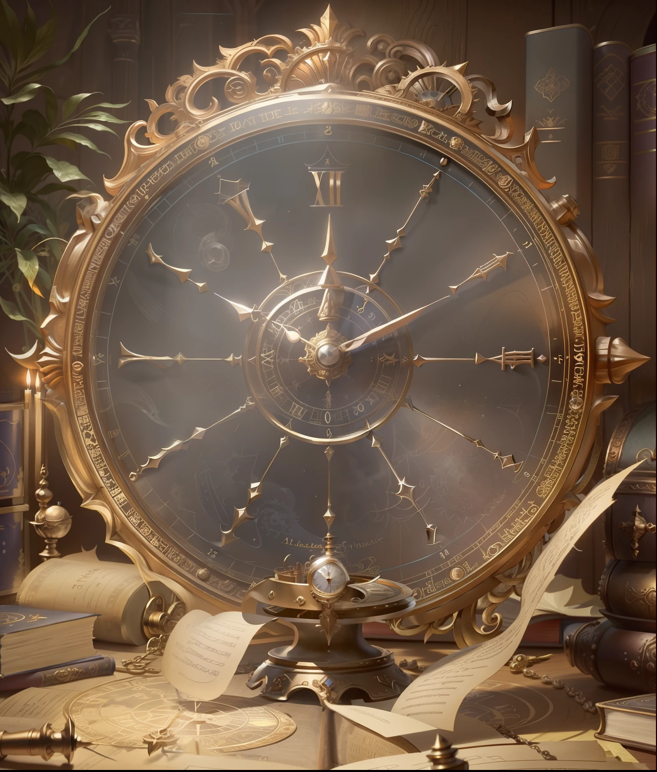 Há um relógio e alguns livros na mesa, fundo da biblioteca alquimista, Astrolabe, Fundo misterioso impressionante, artefato jpeg de papel de parede hd 8K, artefato jpeg de papel de parede hd 8K, fundo de relógio de espaço infinito, arte de animação chave detalhada, bola do tempo, arte oficial com muitos detalhes, arte detalhada do jogo, arte detalhada do jogo illustration