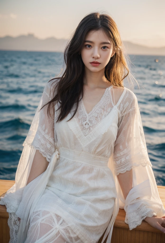 An araffe woman in white dress sitting on a boat in the ocean, a beautiful woman in white, skinny girl in white boho dress, white lace clothing, white hanfu, white lace, dressed in white intricate lace, korean women's fashion model, heonhwa choe, beautiful south korean woman, bae suzy, jaeyeon nam, ethereal and dreamy.
Masterpiece, ultra detailed, realistic, photo realistic, high detail RAW color photo, professional photograph, extremely detailed, finely detail, lens flare, Dynamic lighting, 8K, RAW Photo, Best High Quality, Masterpiece: 1.2, Ultra HD: 1, High Detail RAW Color Photo, Pro Photo, Realistic, Photo Realistic: 1.5, Live Photo, Super detailed, Masterpiece, Real Skin, Realistic Skin, Realistic HD Eyes, Highly detailed Eyes, Perfect Eyes, Perfect face, Perfect fingers, extremely detailed face, extremely detailed eyes, extremely detailed skin, perfect anatomy.