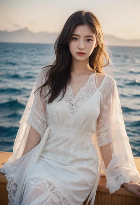 An araffe woman in white dress sitting on a boat in the ocean, a beautiful woman in white, skinny girl in white boho dress, whit...