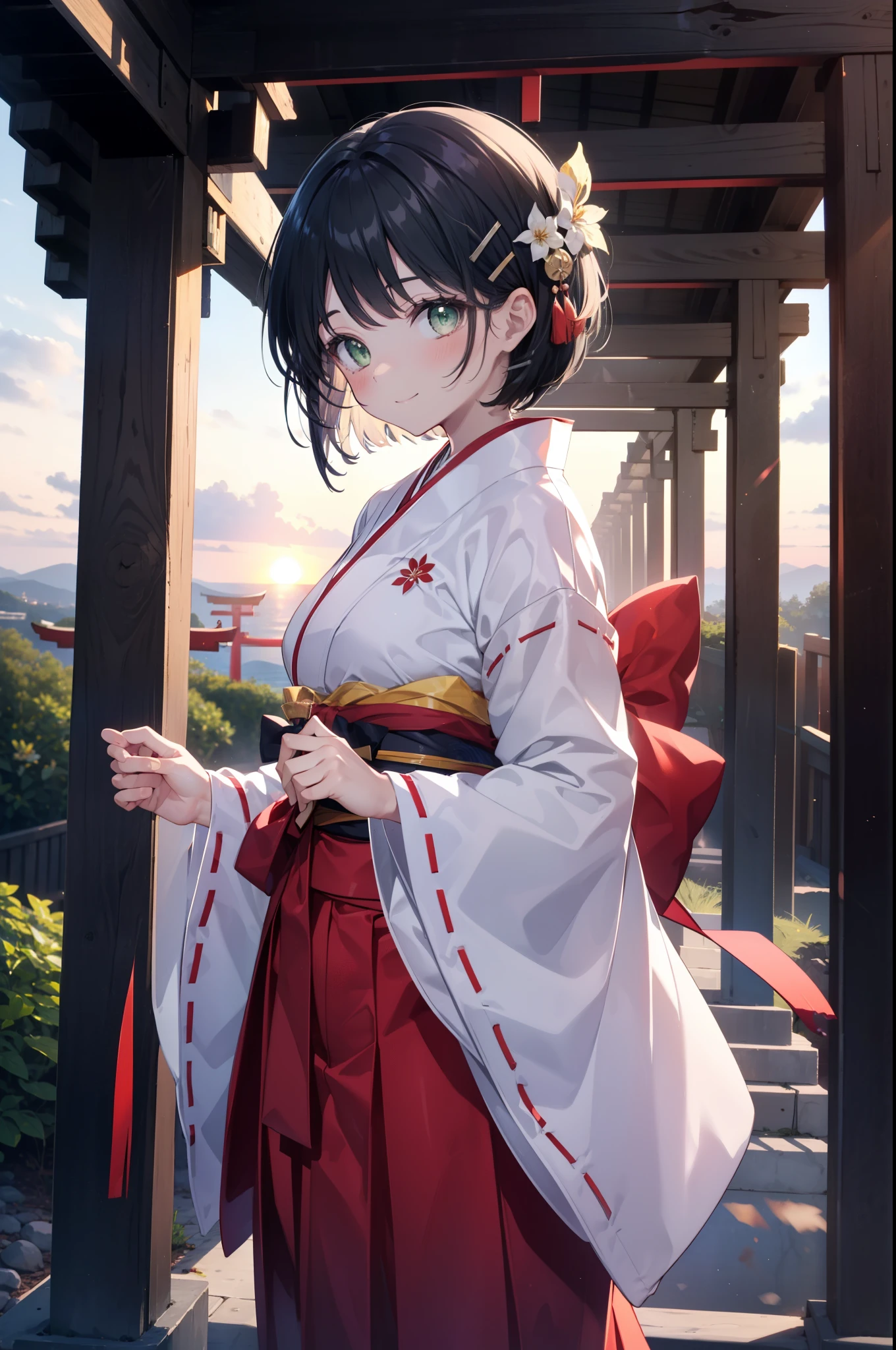 Suguhakirigaya, Suguhakirigaya, (Green Eyes:1.2), hair ornaments, Hair Clip, short hair,blush,smile, Black Hair,Platycodon grandiflorum,Miko, White Kimono, Large sleeves,red hakama,kimono, white foot bag,Zori sandals, Wide sleeves, Long sleeve, Ribbon-trimmed sleeves, evening,sunset,The sun is setting on the horizon,
break looking at viewer, (Cowboy Shot:1. 5)
break indoors,shrine,torii,coastal,
break (masterpiece:1.2), highest quality, High resolution, unity 8k wallpaper, (figure:0.8), (Beautiful fine details:1.6), Highly detailed face, Perfect lighting, Highly detailed CG, (Perfect hands, Perfect Anatomy),