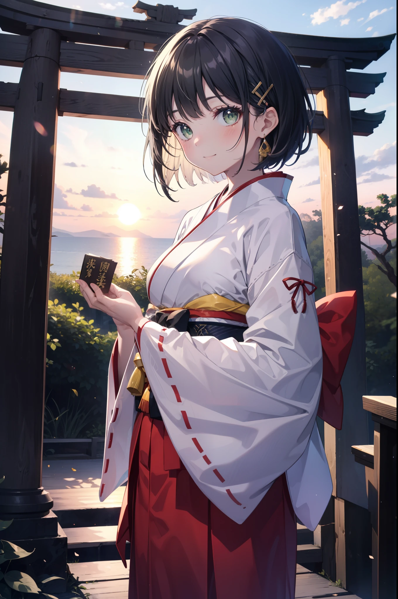 Suguhakirigaya, Suguhakirigaya, (Green Eyes:1.2), hair ornaments, Hair Clip, short hair,blush,smile, Black Hair,Platycodon grandiflorum,Miko, White Kimono, Large sleeves,red hakama,kimono, white foot bag,Zori sandals, Wide sleeves, Long sleeve, Ribbon-trimmed sleeves, evening,sunset,The sun is setting on the horizon,
break looking at viewer, (Cowboy Shot:1. 5)
break indoors,shrine,torii,coastal,
break (masterpiece:1.2), highest quality, High resolution, unity 8k wallpaper, (figure:0.8), (Beautiful fine details:1.6), Highly detailed face, Perfect lighting, Highly detailed CG, (Perfect hands, Perfect Anatomy),