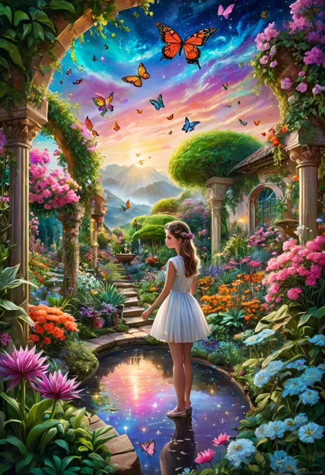 a girl in a surreal and intricate garden of infinite possibilities, lost in a chaotic and unpredictable world, surrounded by vib...