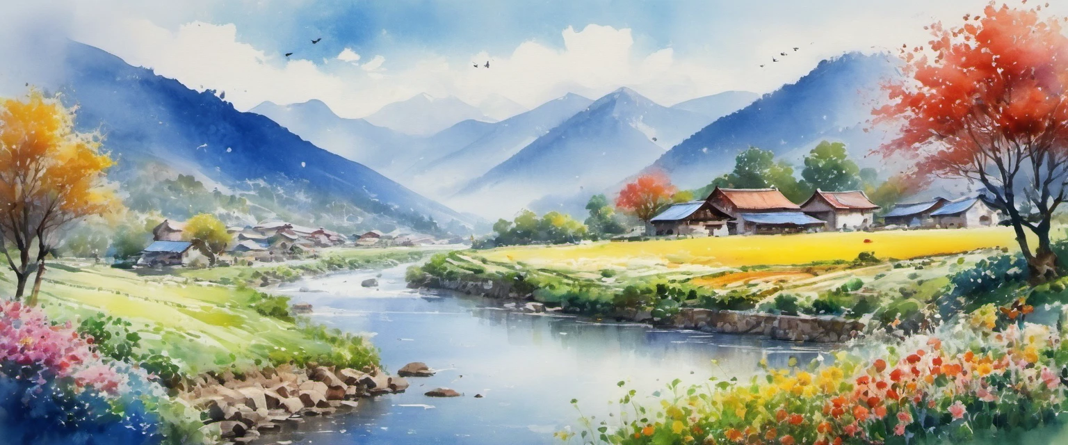 beautiful scenery,watercolor（（（Ink Painting,watercolor畫）））,A beautiful landscape painting,Stunning landscape painting,rich and colorful,rich and colorful,fair,ArtStation website is popular,wonderland,Imaginative,Intricate details,Landscape details,Low saturation,Low contrast,Clean colors,Epic creation,Perfect composition,Pastoral scenery,farmland,blue sky白雲,Terraces,farm,village,mountains,Mountain,stream,mountains and rivers,一望无际的farmland,White Cloud,blue sky,picturesque,Gorgeous,Elegant and natural,flowers and birds,Calm and peaceful,Fresh and natural,A beautiful landscape painting,